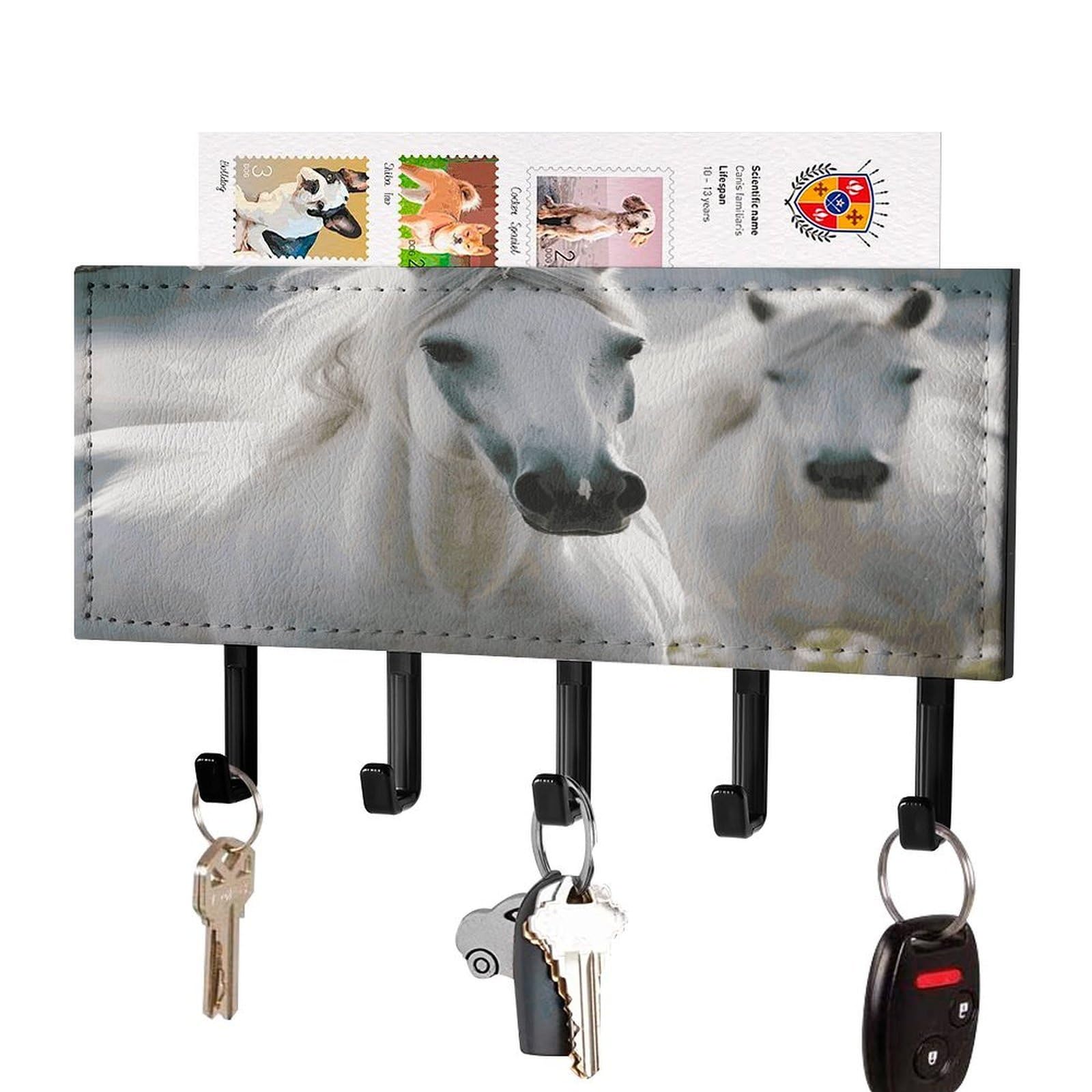 LDGSUPH White Horses Key Holder Wall Mount Key Hanger with 5 Hooks Fashion Key Organizer Rack Hanging Key Hooks with Mail Organizer Key Rack for Home Entryway Hallway Black-Style