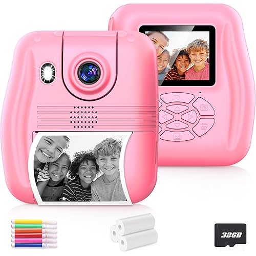 Kids Camera Instant Print, Christmas Birthday Gifts for 3-12 Year Old Girls Boys, 12MP Selfie Digital Toddler Camera Portable Kids Toys, 1080P Child Video Camera with Print Paper, 32GB Card- Pink