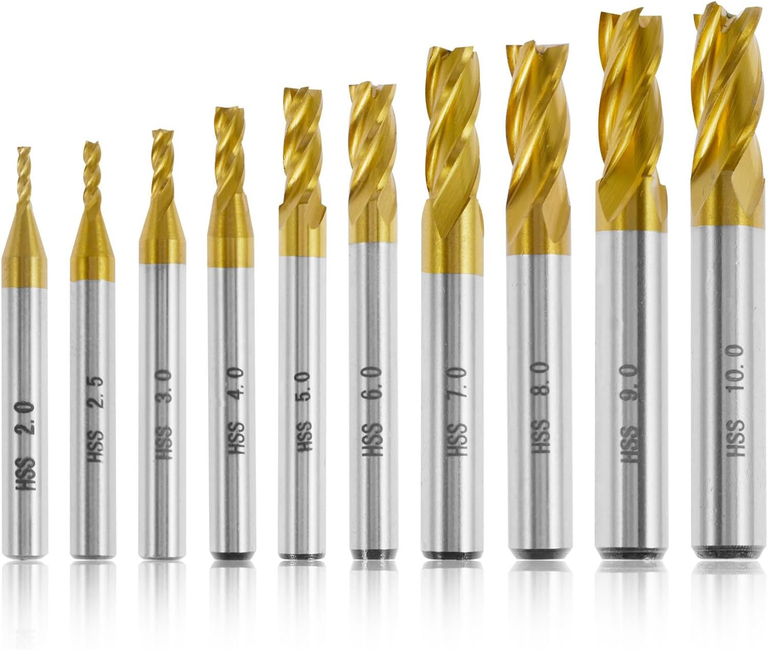 10pcs 4-Flute End Mill Set, HSS Drill End Mill Bits Set, 4 Flute CNC Carbide Straight Shank Milling Cutter Tool for Wood Aluminum Steel Titanium Metal
