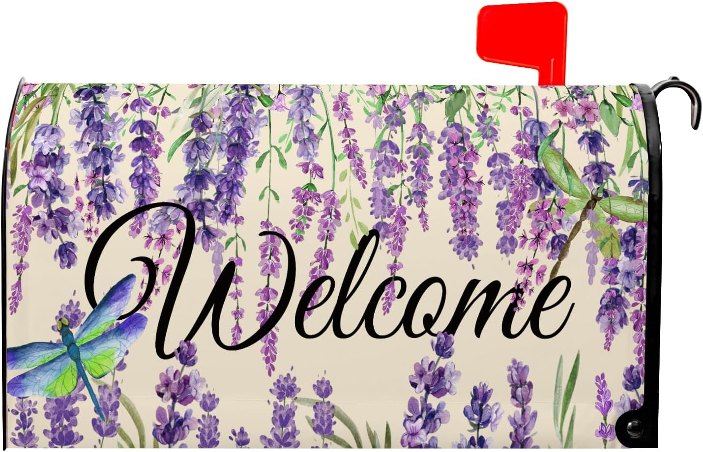 Lavender Welcome Magnetic Mailbox Covers Standard Size 21x18 in, Farmhouse Summer Purple Flower Floral Polyester Cloth Mail Letter Post Box Wrap Cover for Garden Home Decor