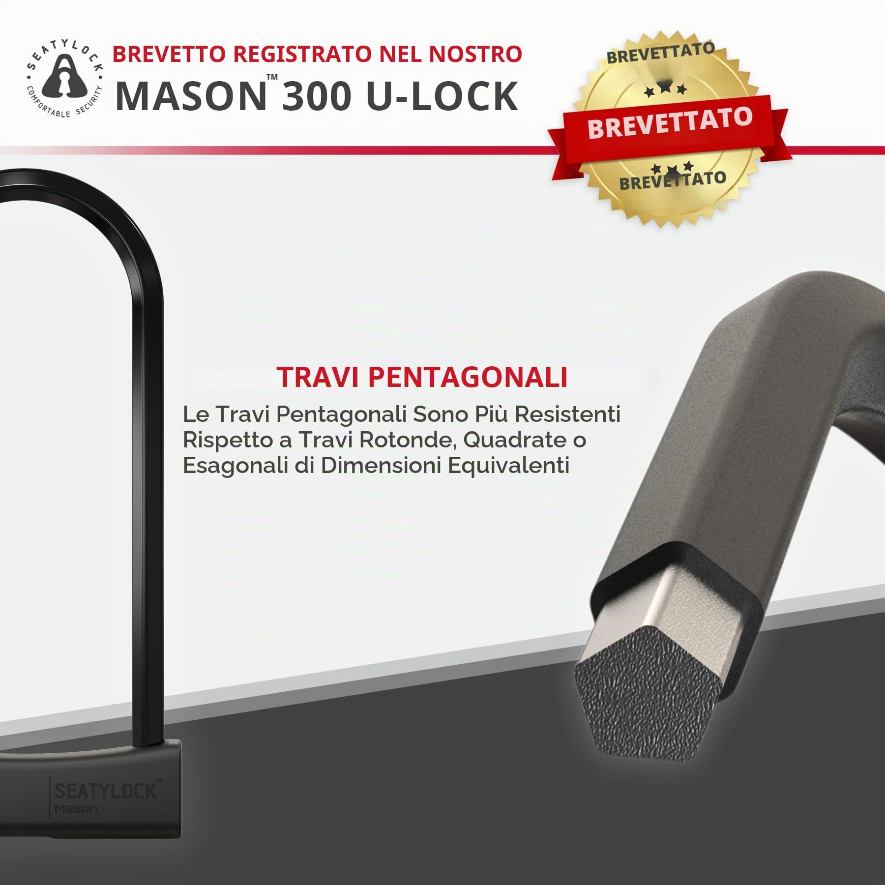 SeatyLock Mason Bike U Lock – Lucchetto antifurto per bicicletta brevettato – Super Wide Safety Master Tool ULock con chiavi per bici elettriche, scooter e moto (30 cm)