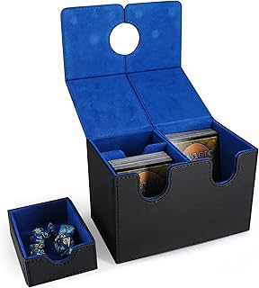 Card Deck Box with Dice Tray for MTG Cards, 200+ Card Storage Box Fits for TCG CCG, PU Leather Strong Magnet Collectible Card Case (Black& Blue)