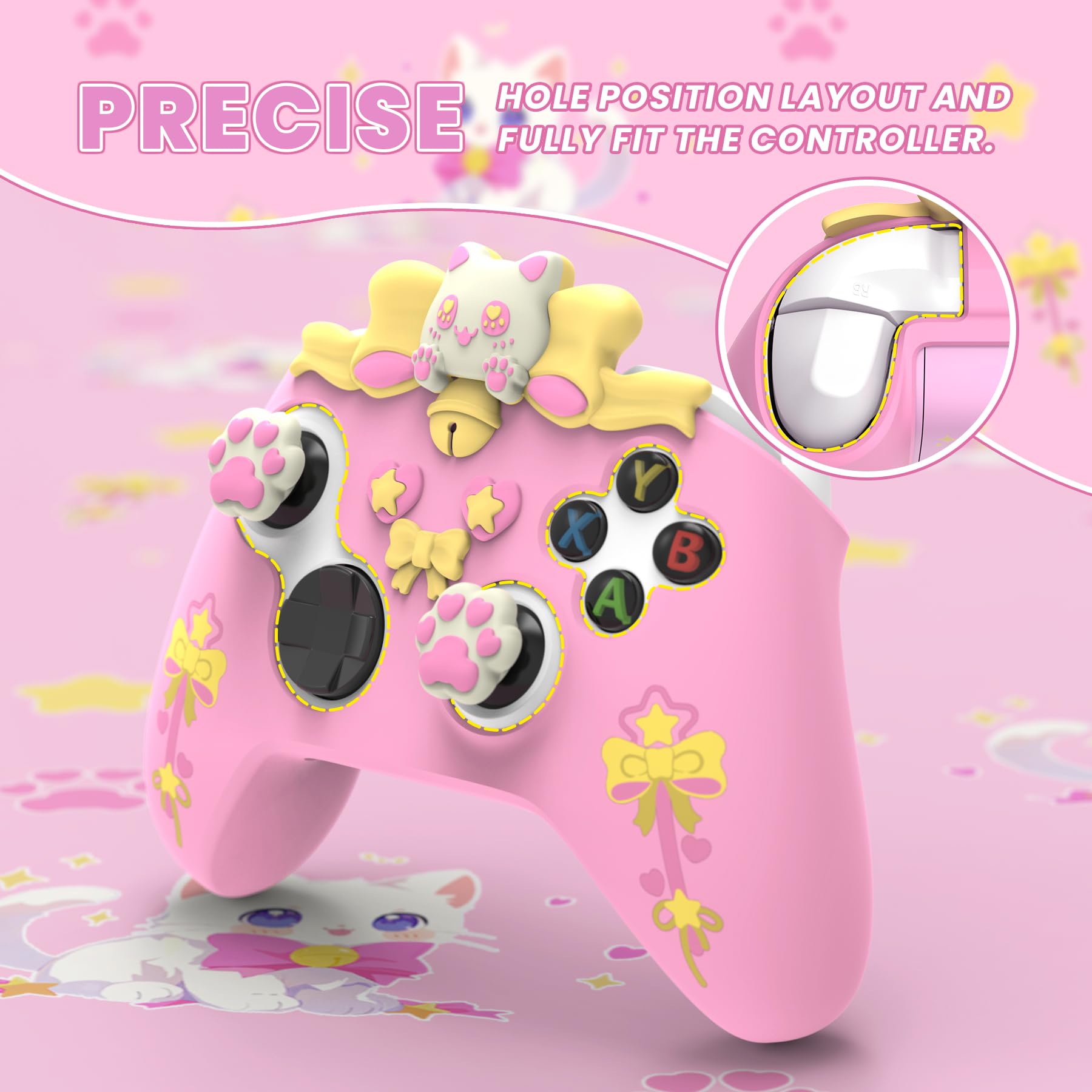 playvital Cover Silicone per Xbox Series X S Joystick,Custodia Controller Skin Antiscivolo Protettiva&6 Copri Levette Analogiche-Gattino Carino-Rosa