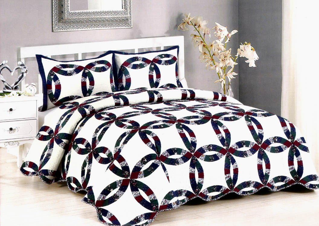 American Hometex, Royal Wedding Ring King Quilt Set, 100% Front/100% Poly Back/100% Cotton Fill, blue