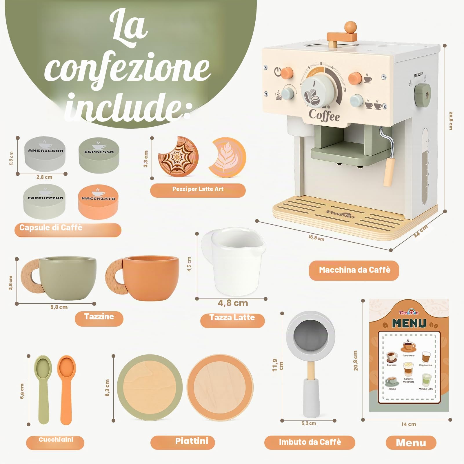 Dreamon Caffettiera in Legno per Bambini, Set Tè per Bambini Piccoli, Set Cibi Finti con Accessori Cucina, Negozio Giocattoli per il Giochi di Ruolo per Piccoli di 3-5 Anni