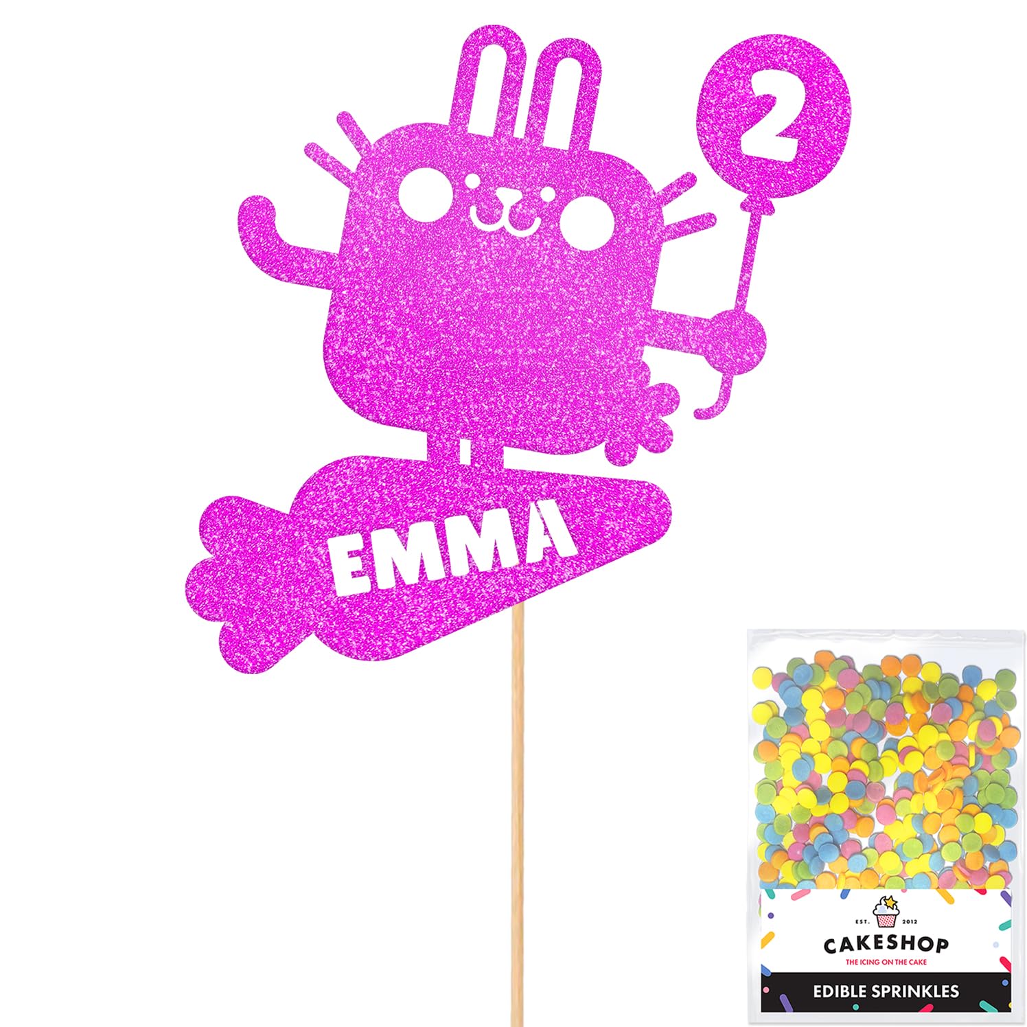 Personalised Pet Bunny Rabbit Glitter Cake Topper- Pink Any Custom Age & Name Glitter Cake Decoration and Sprinkles - Happy Birthday Decorations - Personalised Toppers for Cakes by Cakeshop — image 1