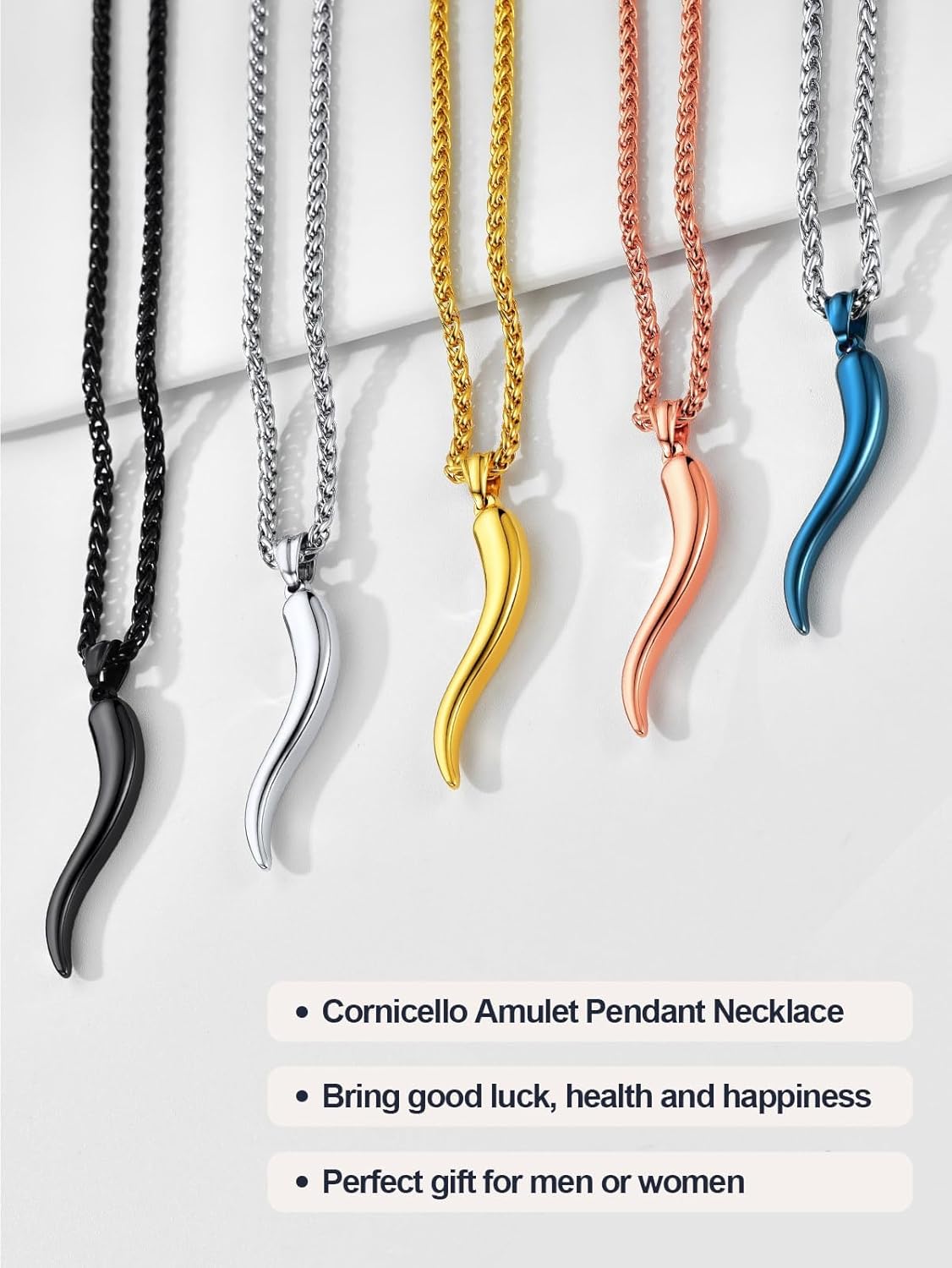 U7 Italian Horn Necklace for Men Women,Stainless Steel/Black/Gold Horn Necklace,Lucky Amulet Cornicello Pendant - Image 6