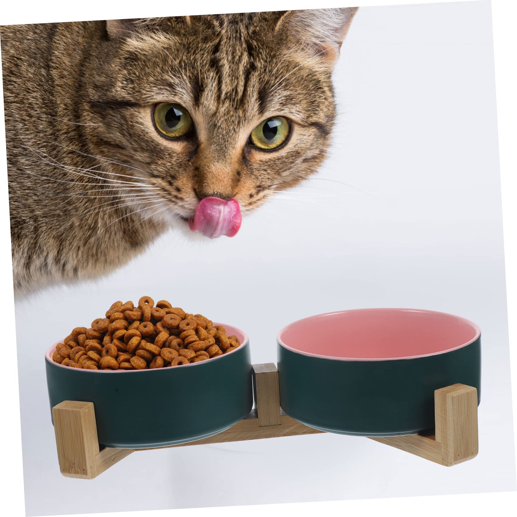 SUPVOX Gamelle Céramique Chat Double avec Support en Bois pour Nourriture et Eau, Design Élégant et Pratique
