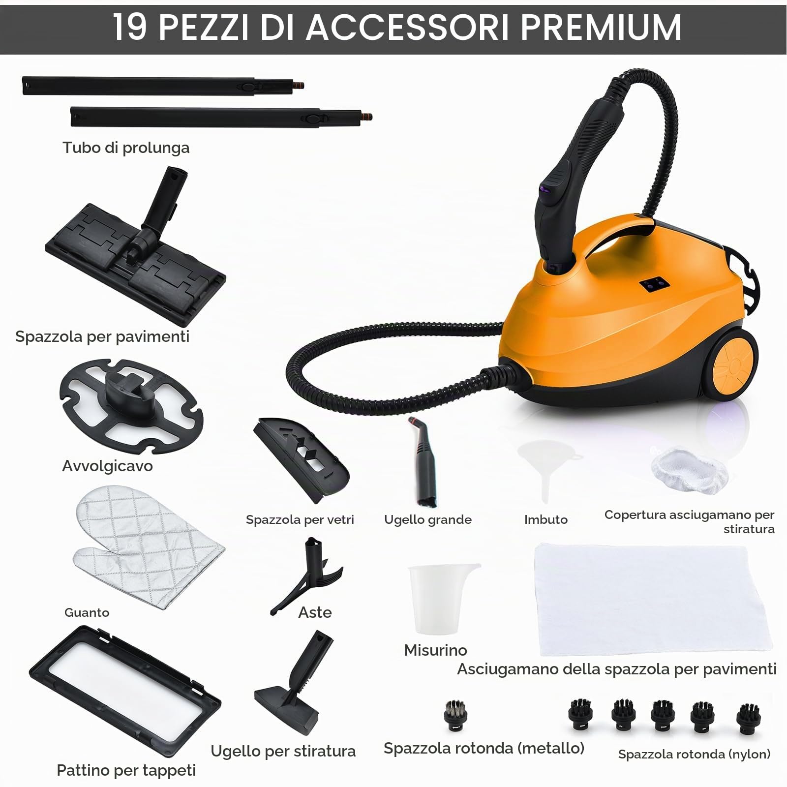 FANTASK Pulitore a vapore con 19 accessori e luce LED di avvertimento per tappeti, pavimenti, finestre, auto, 2000 W, tempo di riscaldamento: 5 minuti, temperatura: fino a 108 °C, serbatoio: 1,5 l