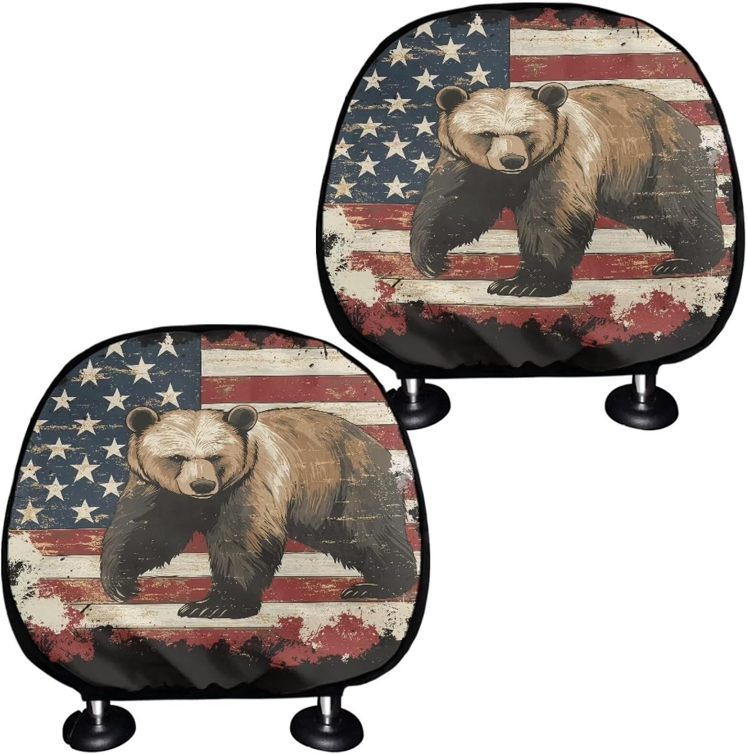 Flag Brown Bear Head Rest Cover for Car Fashion Auto Interior Automotive Headrest Protector Easy to Install Portable Reusable Elastic Dust Cover Universal Fit Most Cars