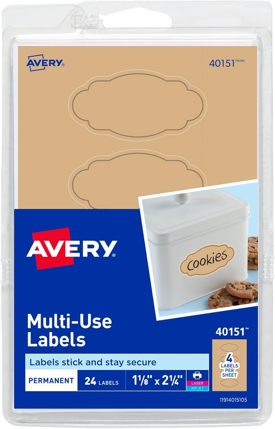 Avery Multi-Use Labels, Kraft Brown Oval Scroll 1-1/8 x 2-1/4, Pack of 24 (40151)