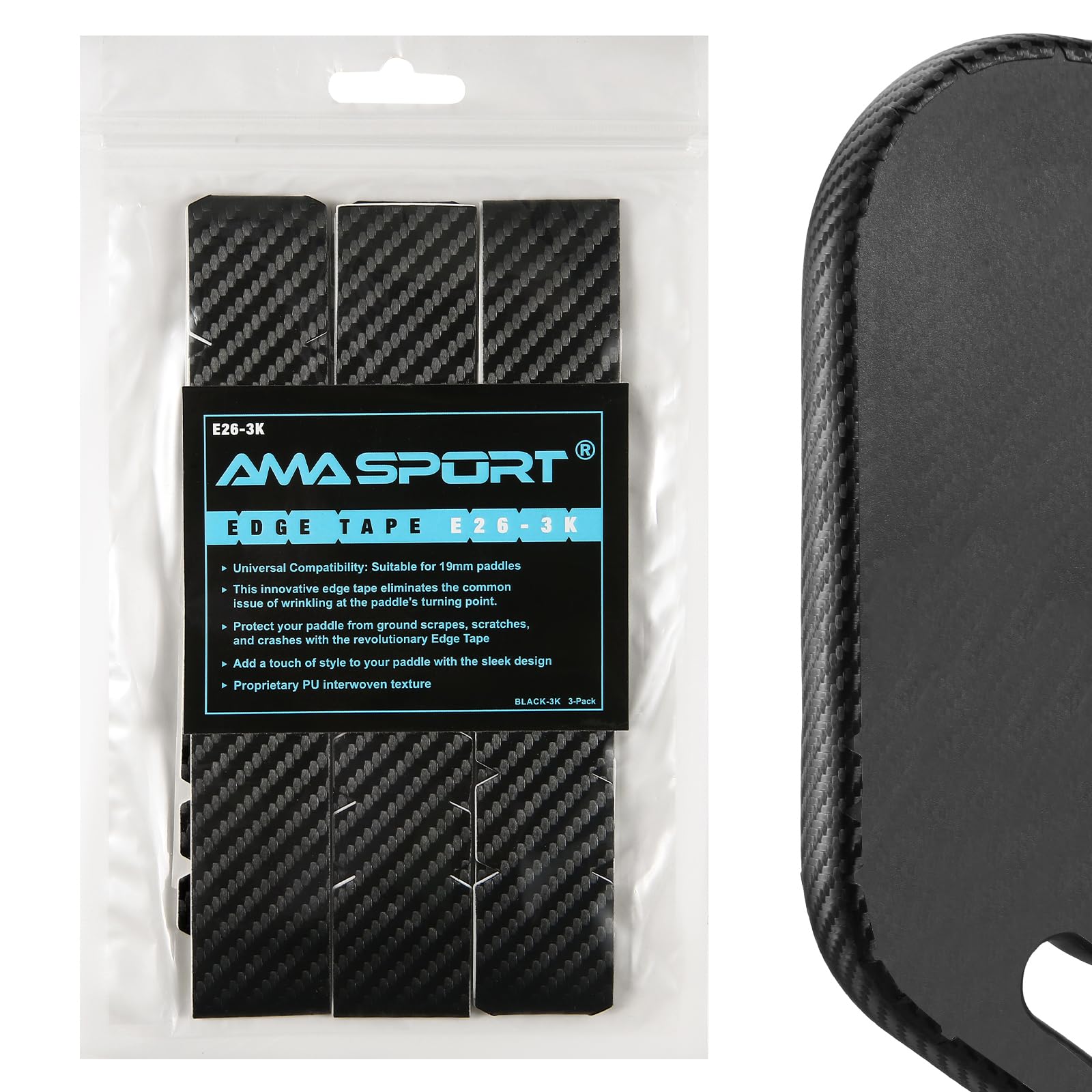 AMA SPORT Pickleball Paddle Edge Guard Tape 3 Pack 3K Texture Edge Protection Tapes 26mm Width Paddle Edge Cover Perfectly Fits Curved Edge Without Wrinkling (Black)-image-36