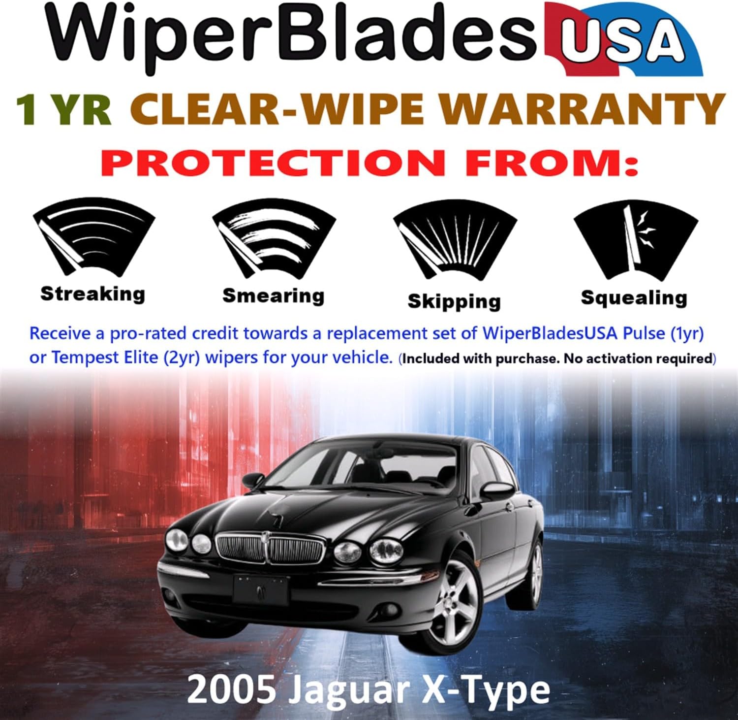 WiperBladesUSA Wiper Blades Set w/ 1yr warranty compatible with Jaguar X-Type 2005 Wipers (Set of 3) w/Rear Wiper Pulse Wipers