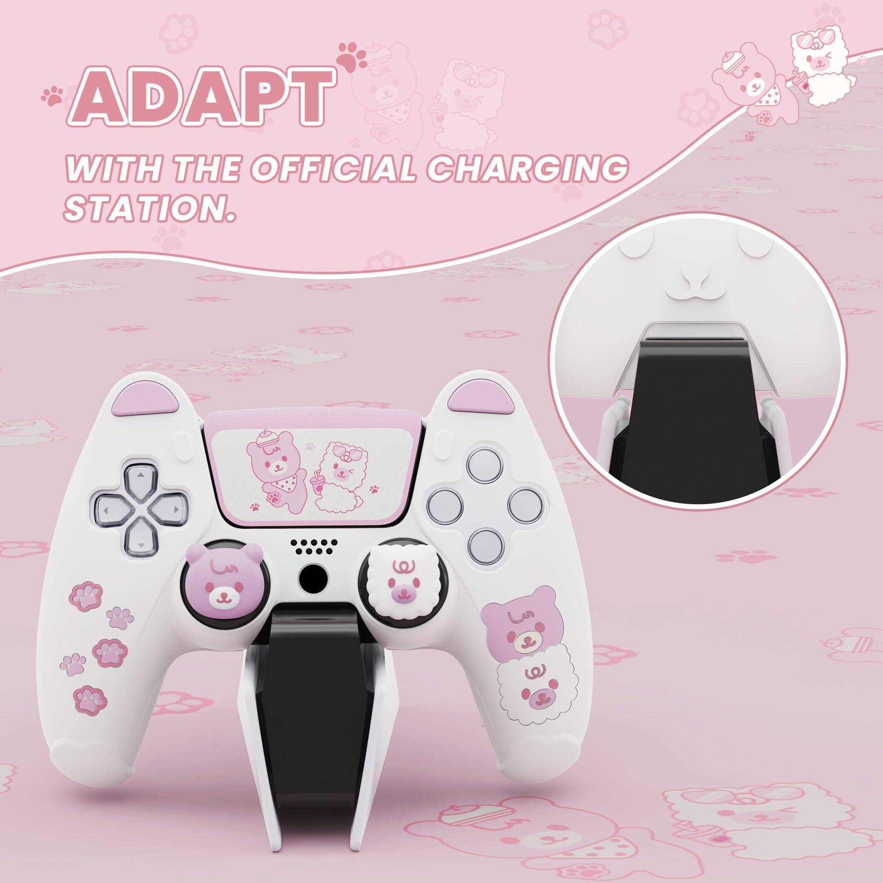PlayVital Cover Controller per ps5 Joystick,Custodia Protettiva Silicone Skin Antiscivolo&Copri Levette Analogiche&Adesivo Touchpad,Orso Carino,Bianco&Rosa