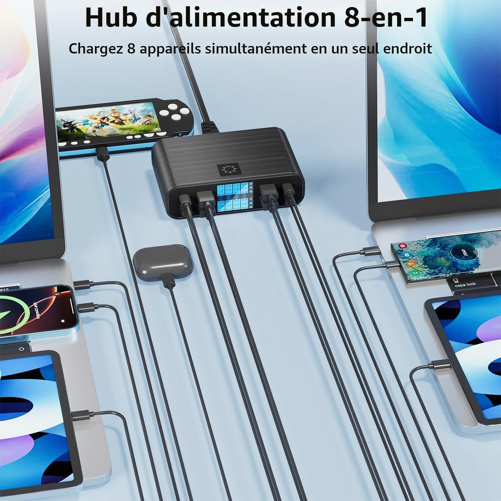 Chargeur USB C Multiple 8 Ports avec Écran LED 300W Station Charge | GaN Rapide PD PPS Chargeur USB C 65W QC3.0 USBA Charger Multi pour Macbook Ordinateurs Portables iPhone Pad, Noir