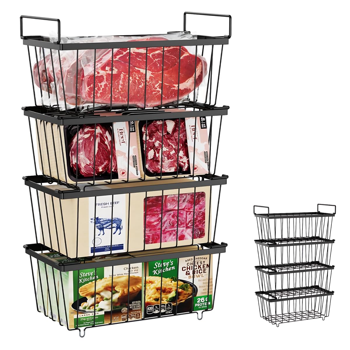 Tielag Black Chest Freezer Baskets 4 Pack, Stackable Freezer Storage Baskets For 198L Chest Freezer, Freezer Organiser With Handles Easily Sort And Get Frozen Foods, Allow Air Circulation,