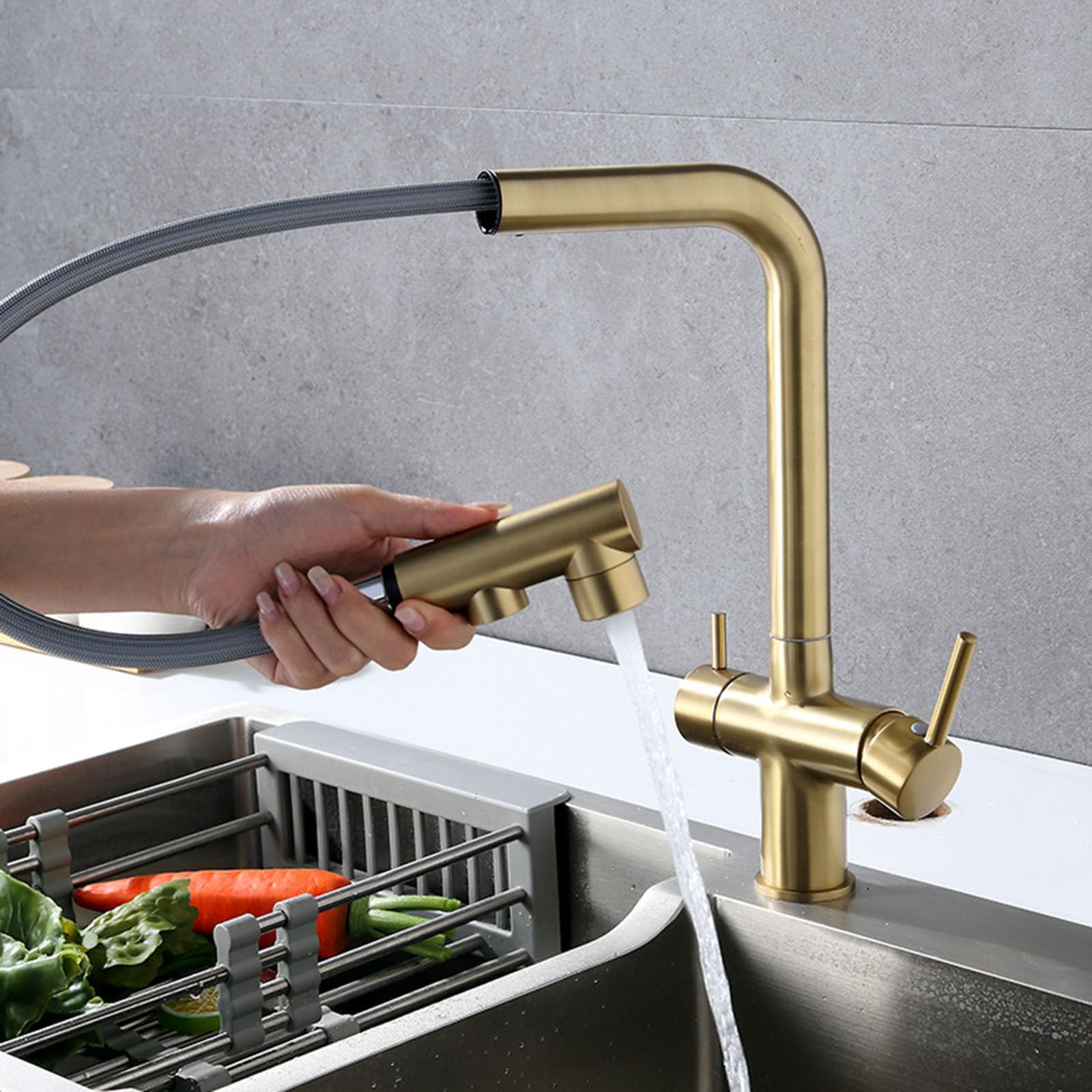 ZYCHSJXA Kitchen Tap 3 Way Pull Out Swivel in 1 Single Hole Brass Sink Taps Way-Brushed Gold