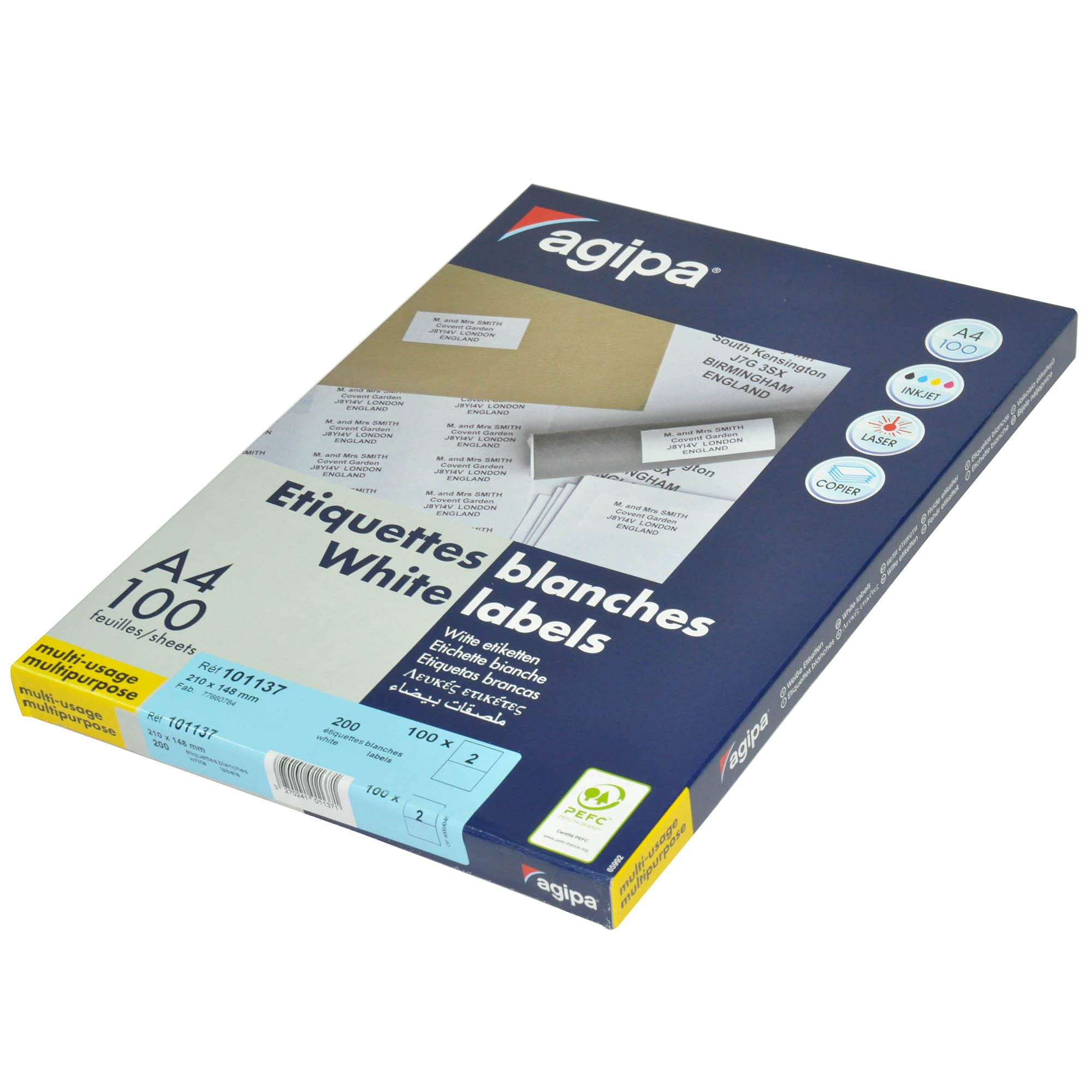 AGIPA Multi-Purpose White Labels, A4 Sheets (210x297mm), 210x148mm Stickers, 100 Sheets with 2 Labels Each, 200 Plain White Labels, Compatible with Inkjet, Laser, Copier-APLA101137
