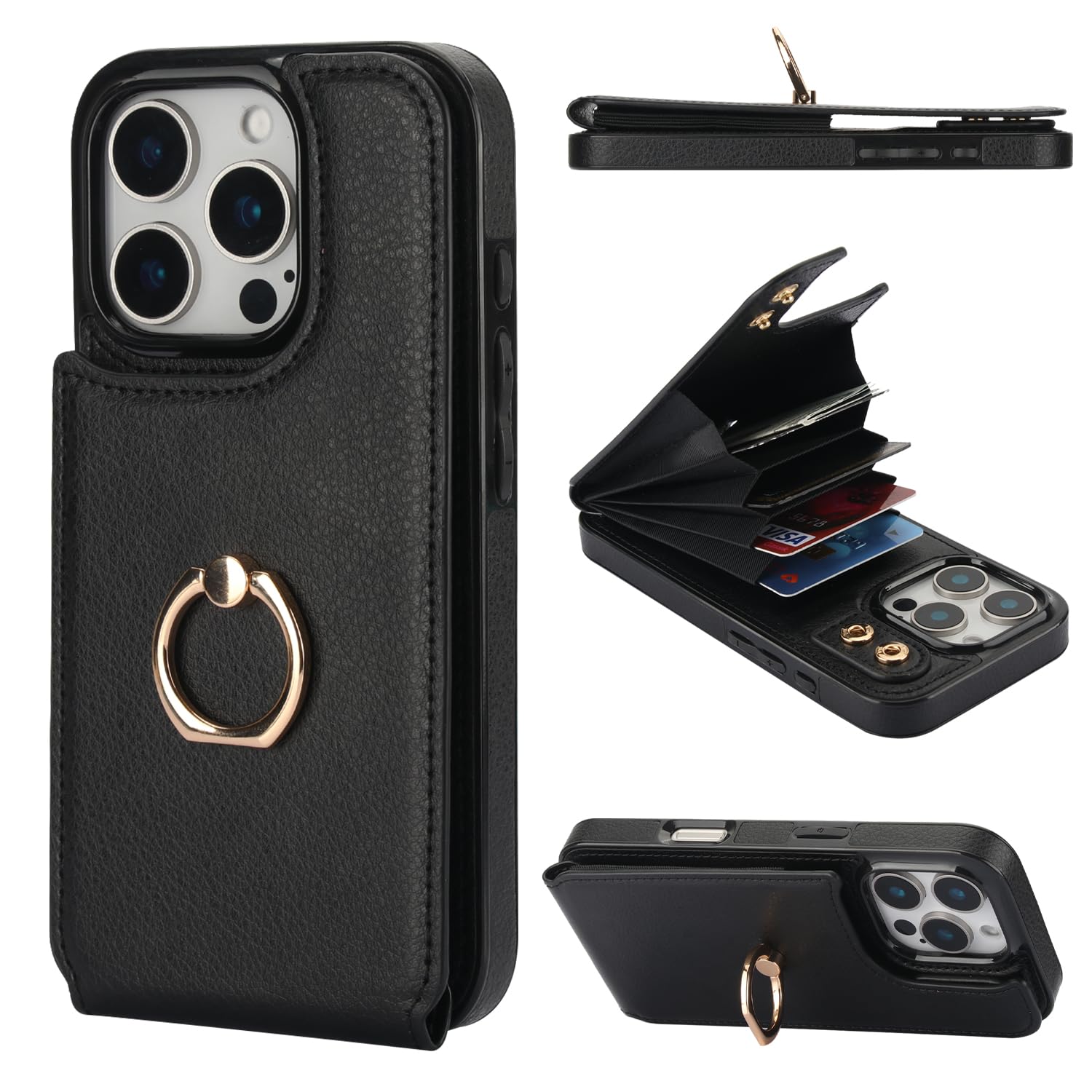 Folosu Compatible with iPhone 16 Pro Case Wallet with Card Holder, 360°Rotation Finger Ring Holder Kickstand, RFID Blocking Leather Protective Double