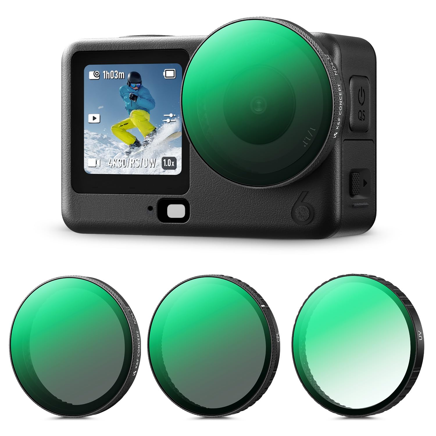 K&F CONCEPT Zestaw filtrów zatrzaskowych kompatybilny z DJI Osmo Action 6, 3-pak CPL UV ND4-32, filtry chroniące przed redukcją światła HD, szkło optyczne, wielowarstwowe, akcesoria do kamer akcji