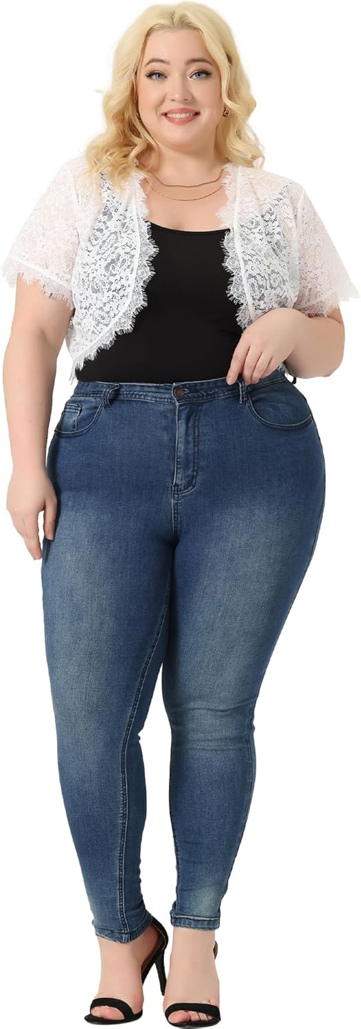 Agnes Orinda Plus Size Lace Cardigan for Women Elegant Short Sleeve Sheer Floral Lace Bolero Shrug Top - Image 3