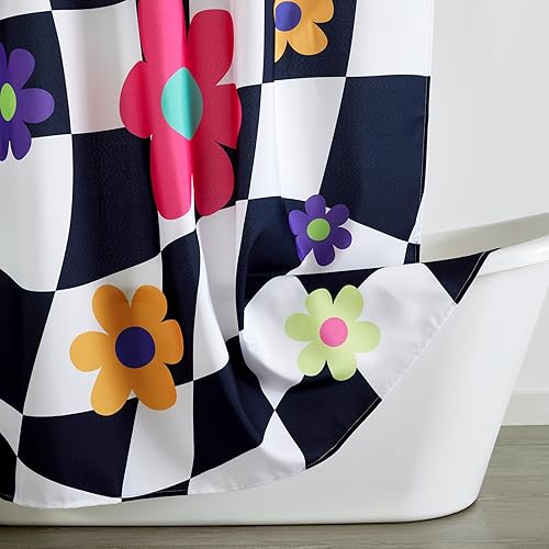 Miniatura 3 de Cortina de ducha de tela de ajedrez en blanco y negro con flores retro, decoración de baño funky estética, estilo retro de los años 70, diseño