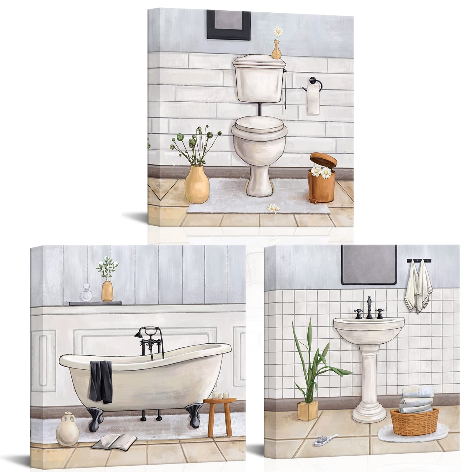 HOMEOART Bathroom Wall Art Bath Tub Painting Picture Bathroom Wall Decor Framed Ready to Hang 12x12inchx3 White