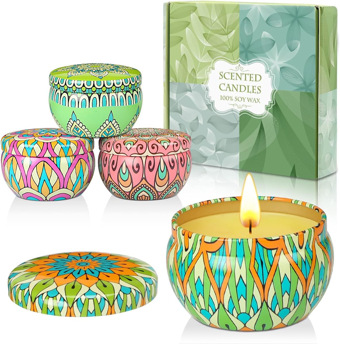 Pomarks Scented Candles Reward Set, 4 Tins of 100% Pure Soy Wax with Important Oils for Stress Reduction, 4 Fragrances for Aromatherapy, Tub, Yoga, Good for Christmas, Birthday, Mom’s Day