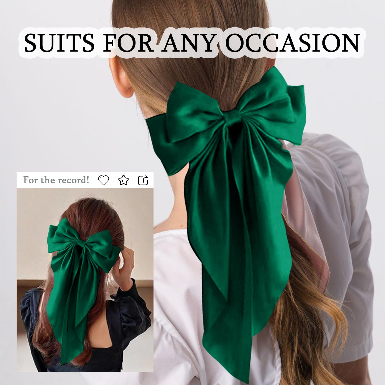 Pasadores grandes de satén para el cabello, lazos verdes para niñas, accesorios para el cabello, regalos para mujeres, pinzas para el pelo con lazo grande para Navidad con pasadores de lazo con clips