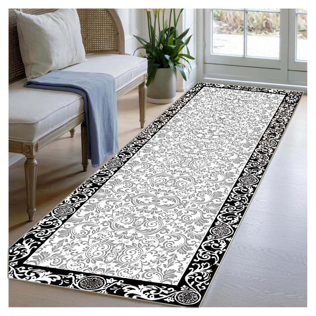 Tapis Salon Entrée Noir Blanc 60x180 cm Tapis Intérieur Court Antidérapant Lavable Motif Géométrique Oriental à Poils Ras pour Décoration Chambre Adulte Couloir Cuisine Style Vintage