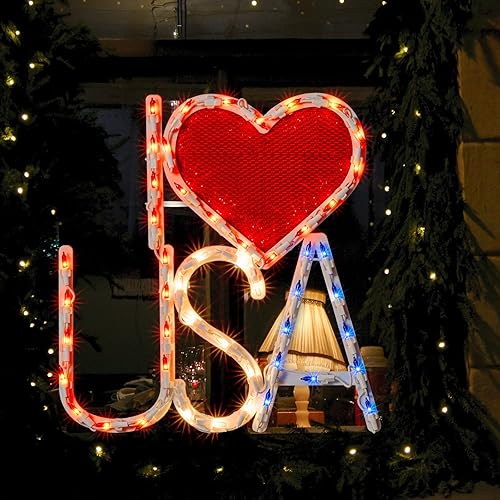 Miniatura 4 de Escultura patriótica iluminada del día de la independencia de la silueta de la ventana 50L iluminada roja, blanca y azul I Love USA