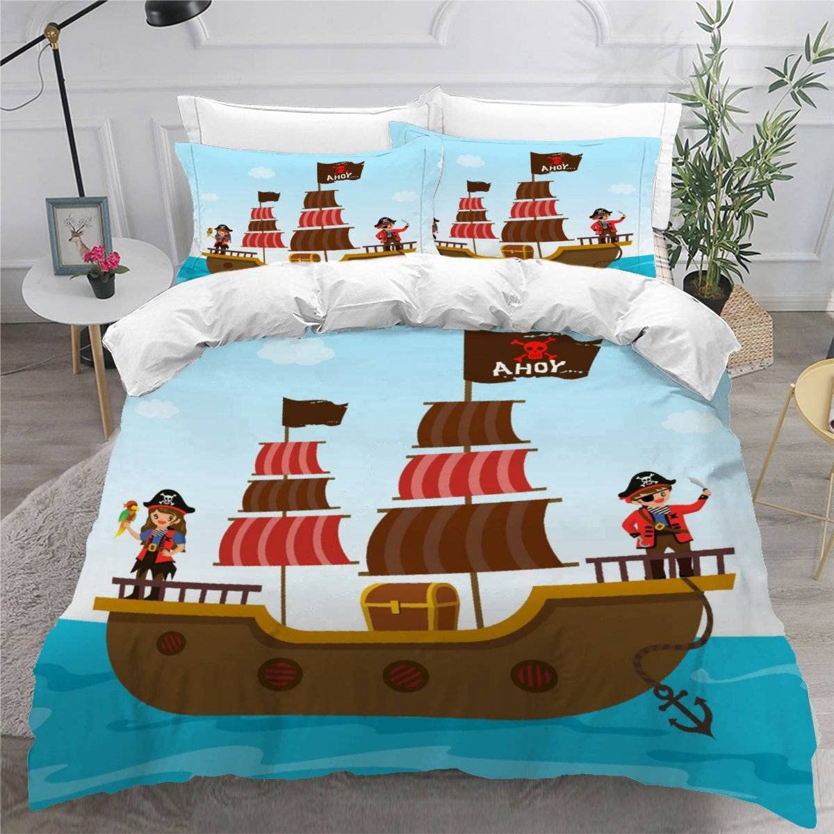 VASENA Duvet Cover King Size 3d Printed Adults Teenager Microfiber Fluffy Kingsize Bedding Pirate Ship Summer Sea Comforter Cover King Size with Pillowcases（230x220）