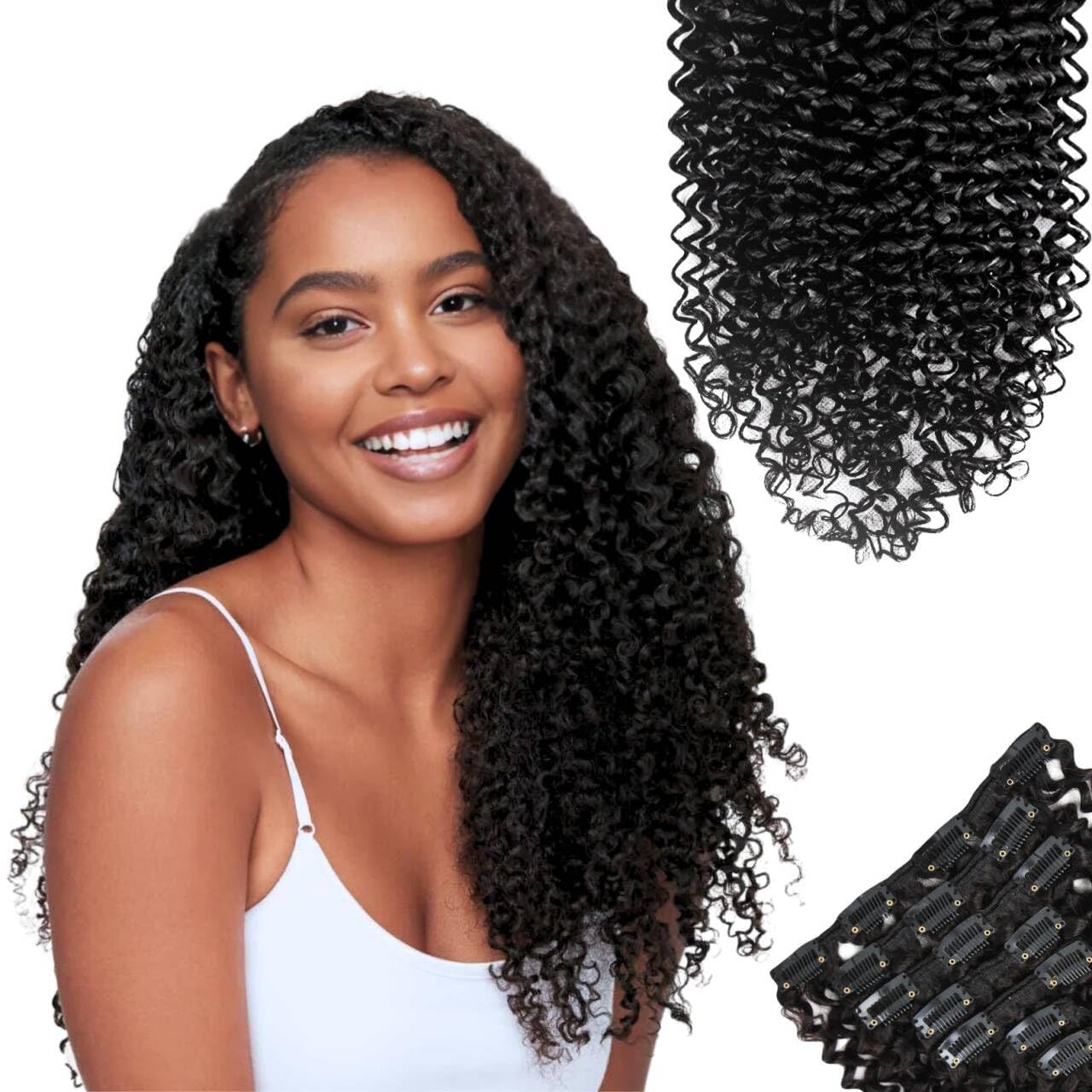 SIYUSI Kinky Curly Clip In Extensions, Luxurious Thickness, Premium Brazilian Remy Hair Clip Ins, Invisible & Scalp-Friendly, Natural Black Color,