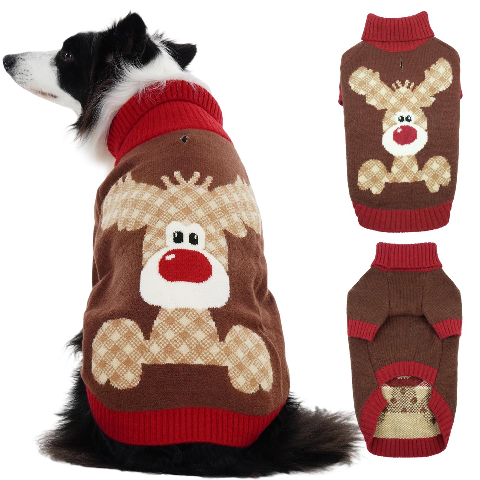 Hjumarayan Christmas Dog Jumper, Festive Reindeer & Tartan Knit, Thick & Warm with Leash Hole, High Neck