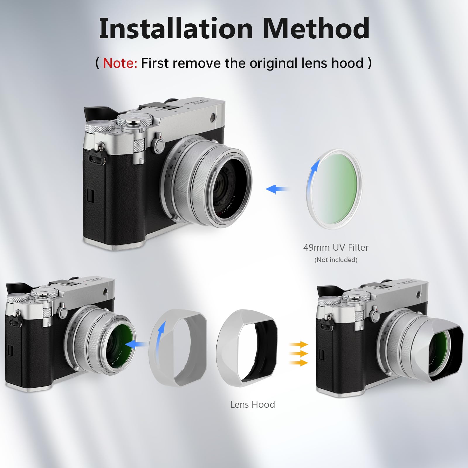 Haoge Metalowa kwadratowa osłona obiektywu do aparatu Fujifilm GFX100RF LH-GFXRF-IIS+Cap-GFXRF-IIS srebrny bagnet z metalową nasadką