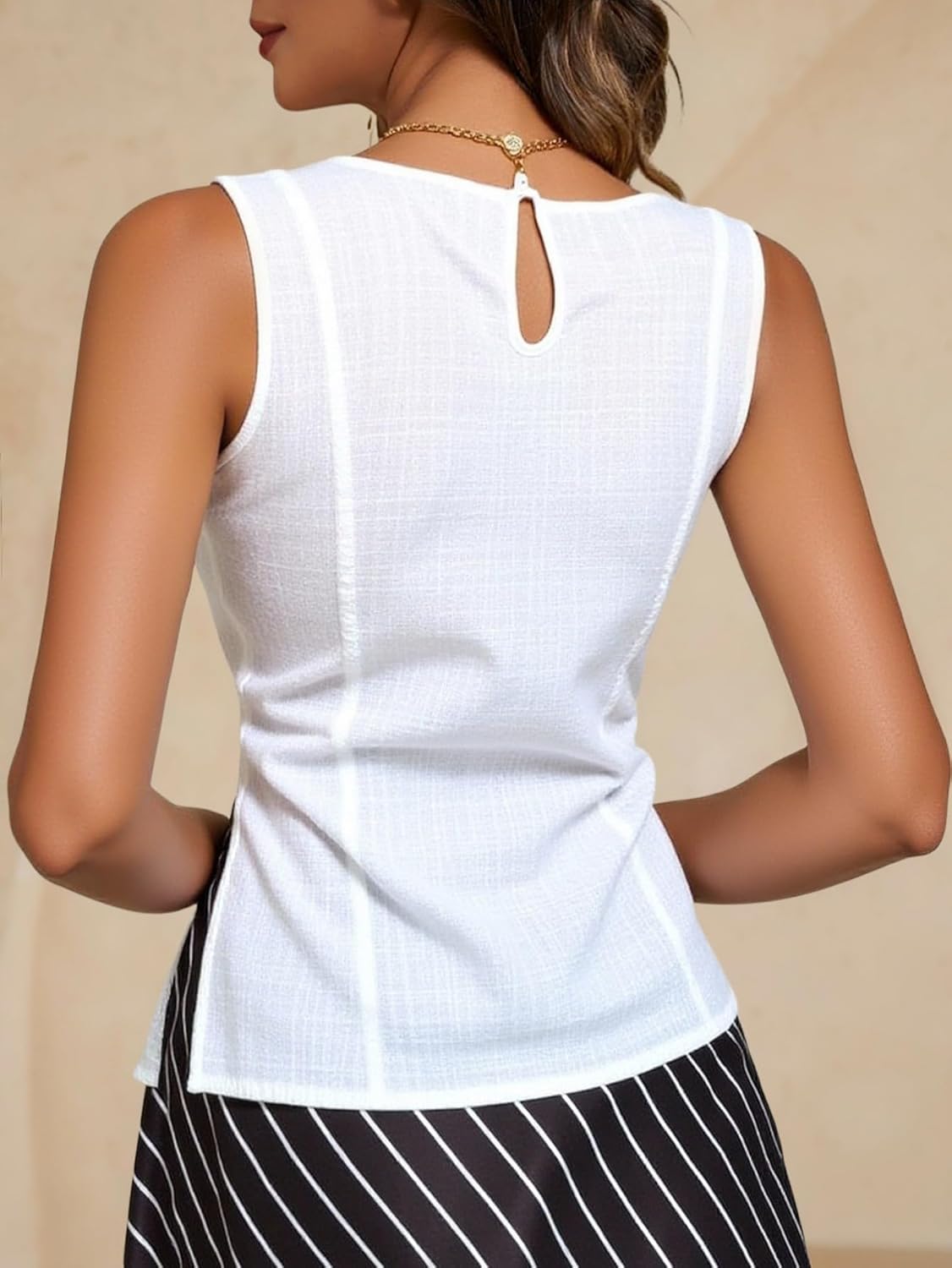 Women's Summer Crew Neck Sleeveless Blouses Dressy Casual Split Hem Work Tank Tops - Image 2