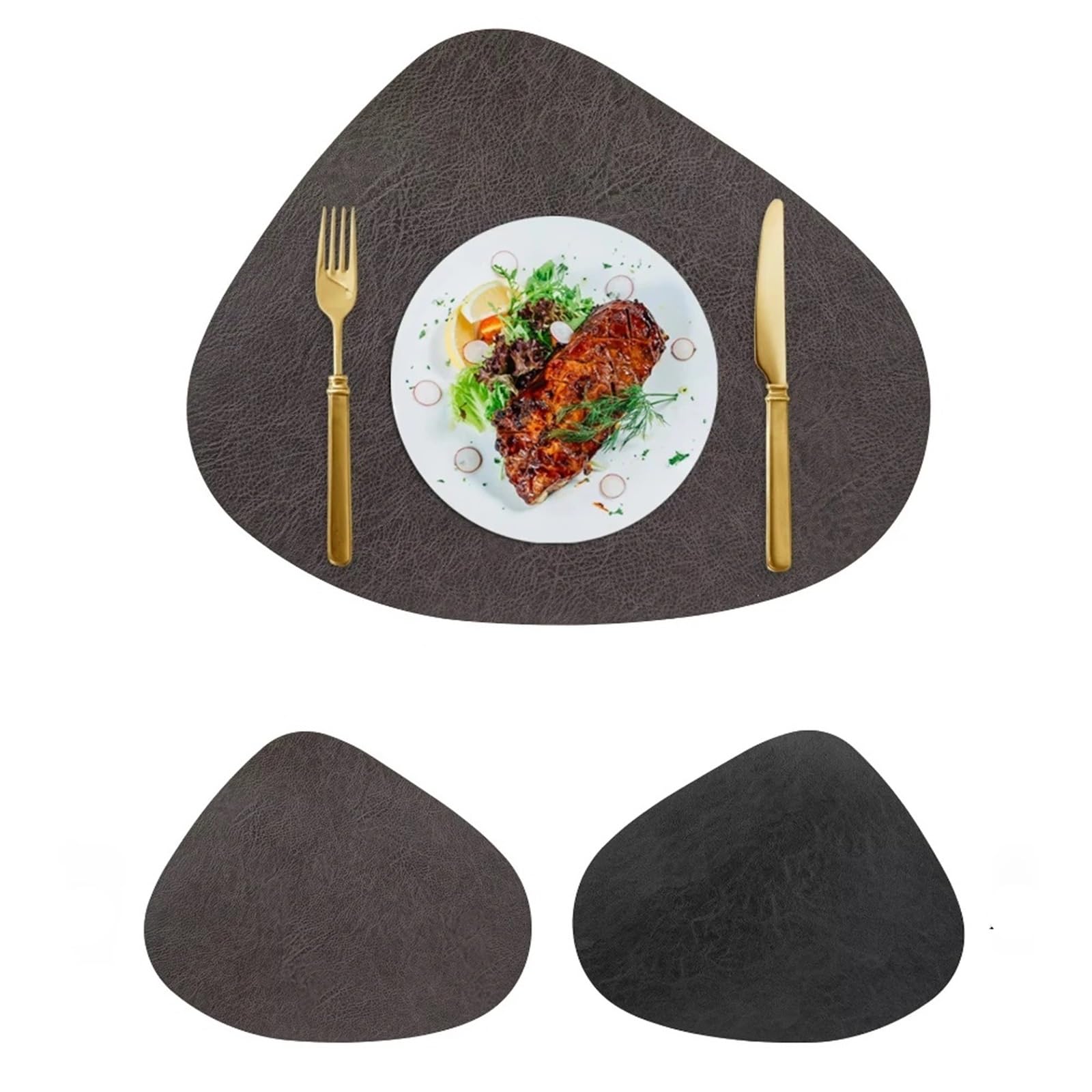 Placemats Leather Placemat,Teardrop Shape Cowhide Texture Double-Sided Non-Slip Nordic Style Place Mat Waterproof Resistant(Coffee-Black)