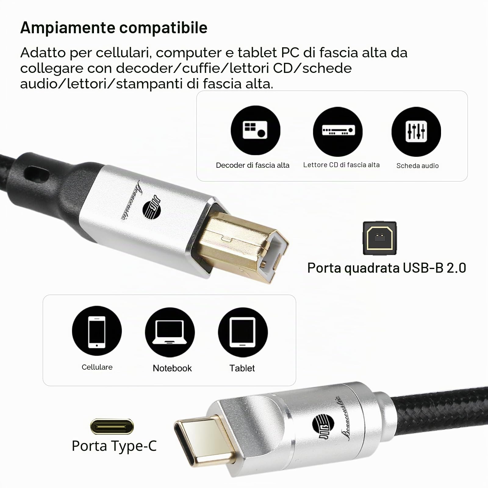 BOAACOUSTIC JIB Audiophiles Cavo stampante USB Cavo decodificatore DAC ad alta velocità da USB tipo C a USB tipo B -5m