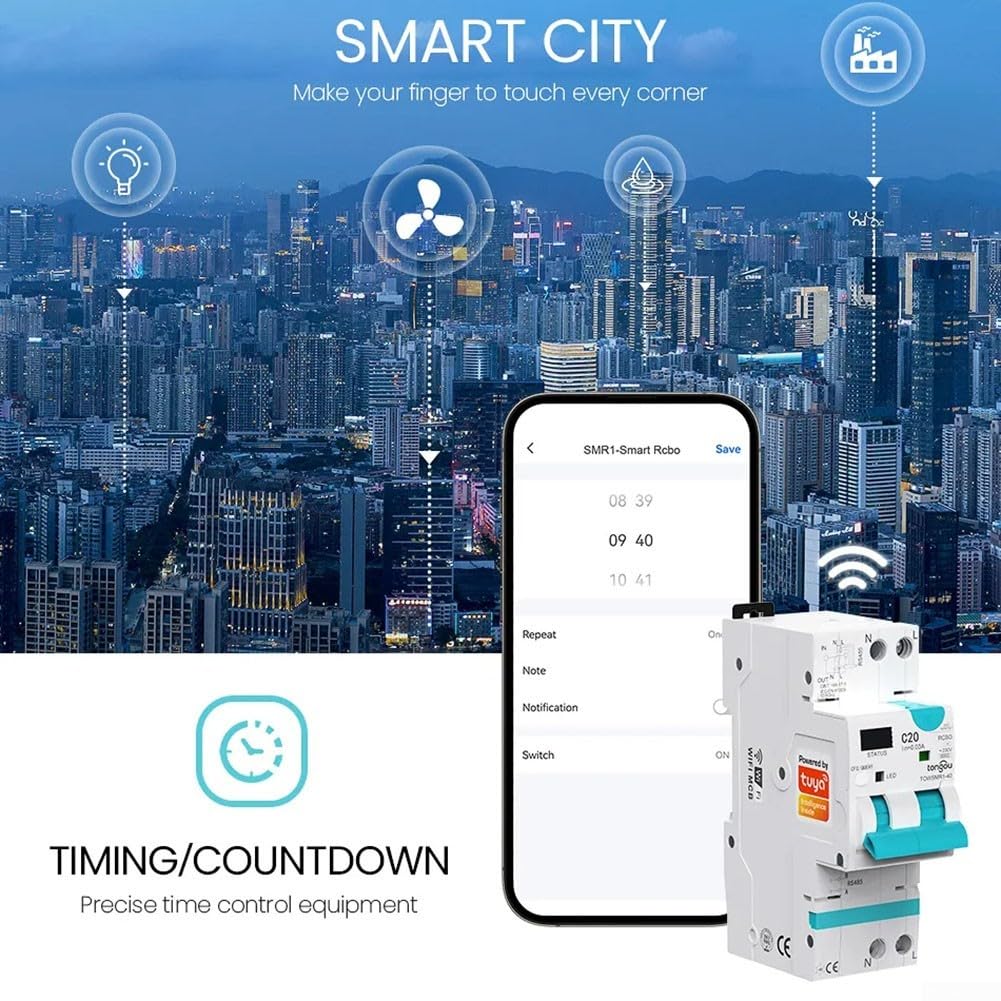 Interruttore automatico WIFI RCBO intelligente, interruttore automatico regolabile corrente di protezione da sovracorrente 1P+N, telecomando APP per Tuya, 6kA(20-40A)