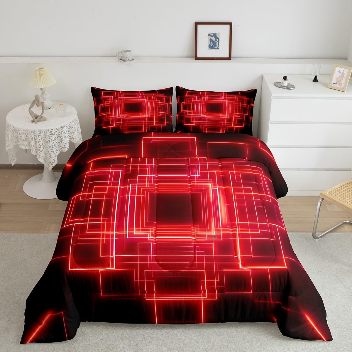 jejeloiu Geometric Bedding Set King Size Modern Art Comforter Cover for Boys Girls Teens Bright Red Duvet Cover Breathable Soft Lightweight Microfiber