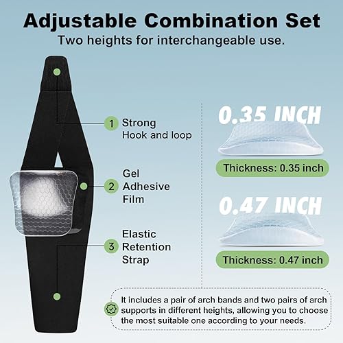 Miniatura 3 de Insertos de soporte de arco para mujeres y hombres, 2 alturas ajustables, antideslizantes, transpirables, banda de arco de alivio de fascitis