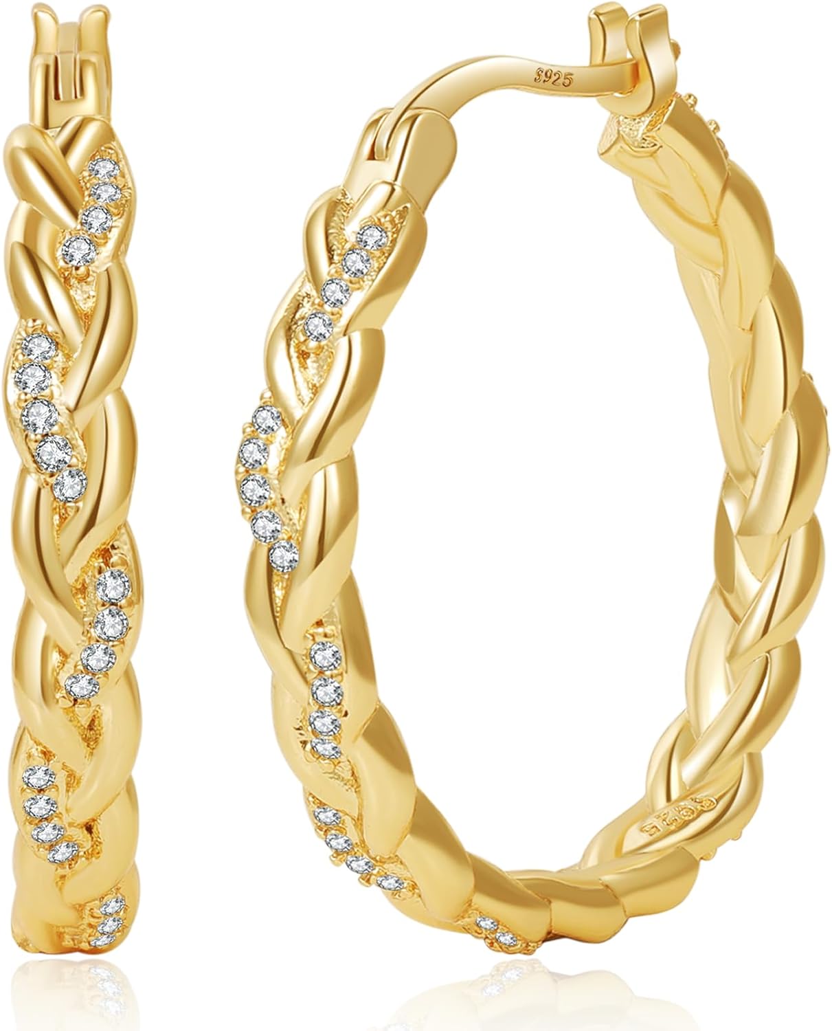 Senteria Silver Twisted Hoops Earring for Women Hypoallergenic Sterling Silver Post Hoop Earrings with AAA+ Cubic Zirconia 14K Gold Plated Hoop Earrings for Women 30/40/50MM