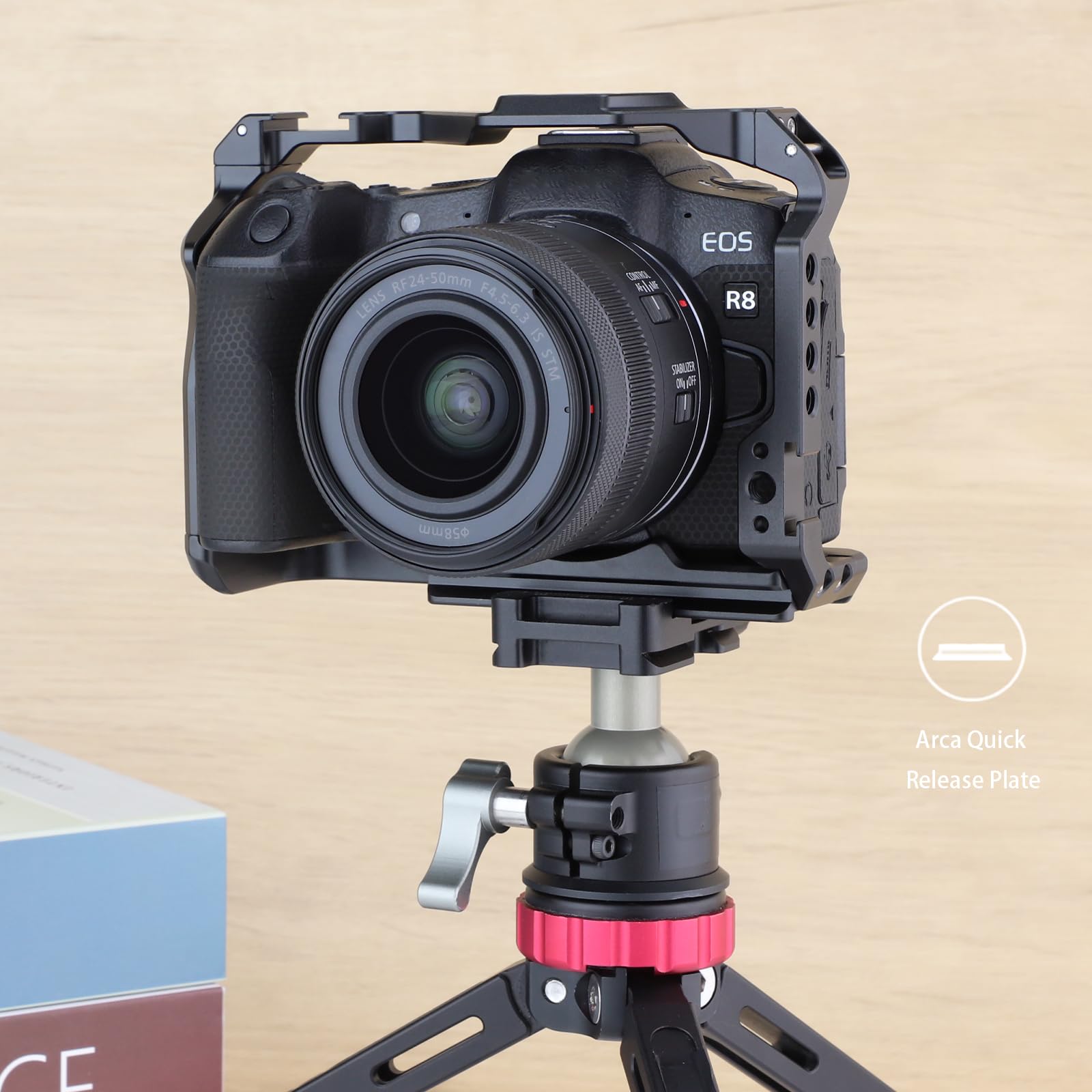 LEFTFOTO Gabbia per fotocamera Canon EOS R8 con base Arca, scarpa fredda, slot per cinghia, fori per viti da 1/4 e 3/8", compatibilità stabilizzatore DJI RS - per riprese video Vlog