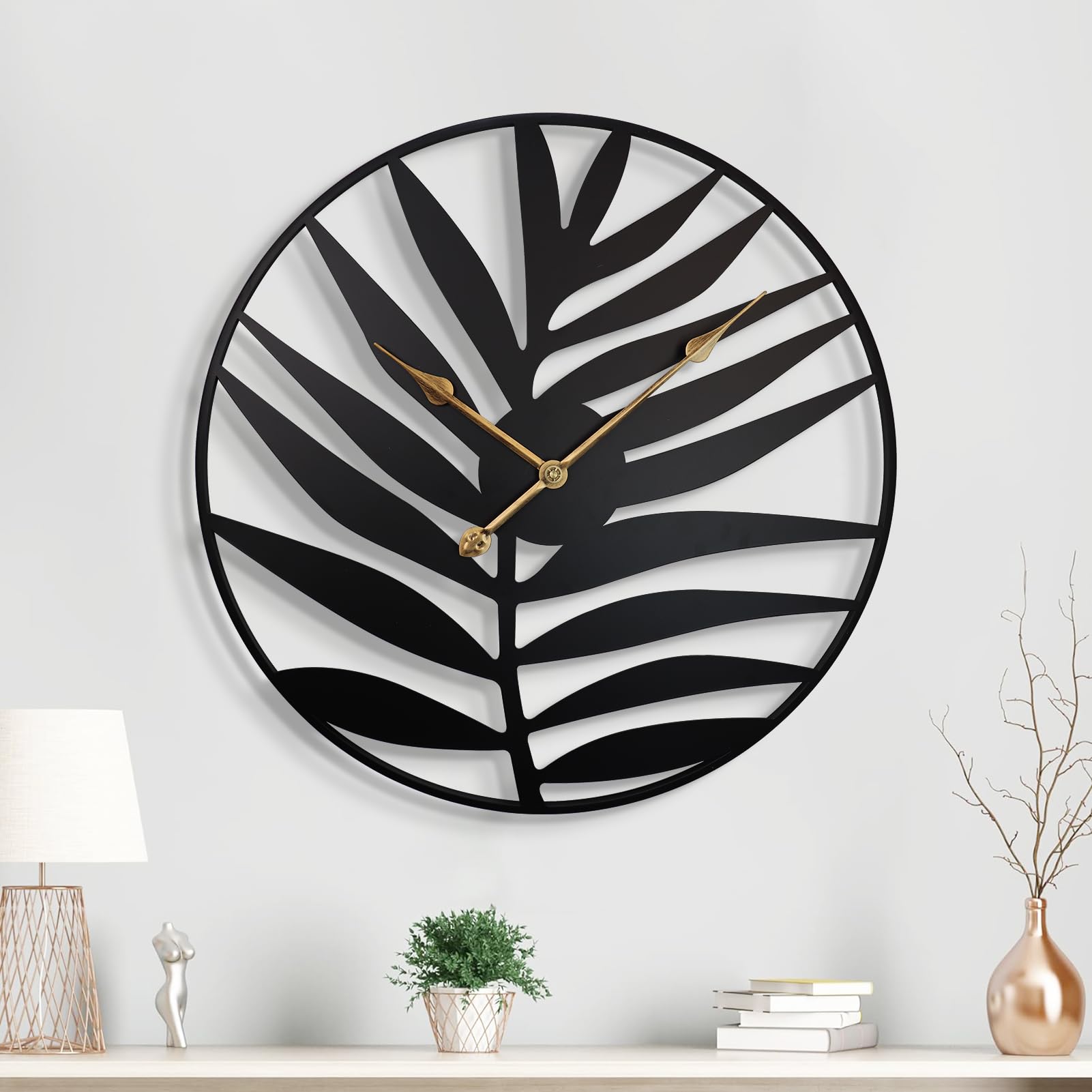 KEQAM Large Wall Clock for Living Room,Black Decorative Leaf Wall Clock,Big Modern Round Silent Non-Ticking Battery Operated Wall Clocks,Kitchen Clock Home Decor (24 Inch)