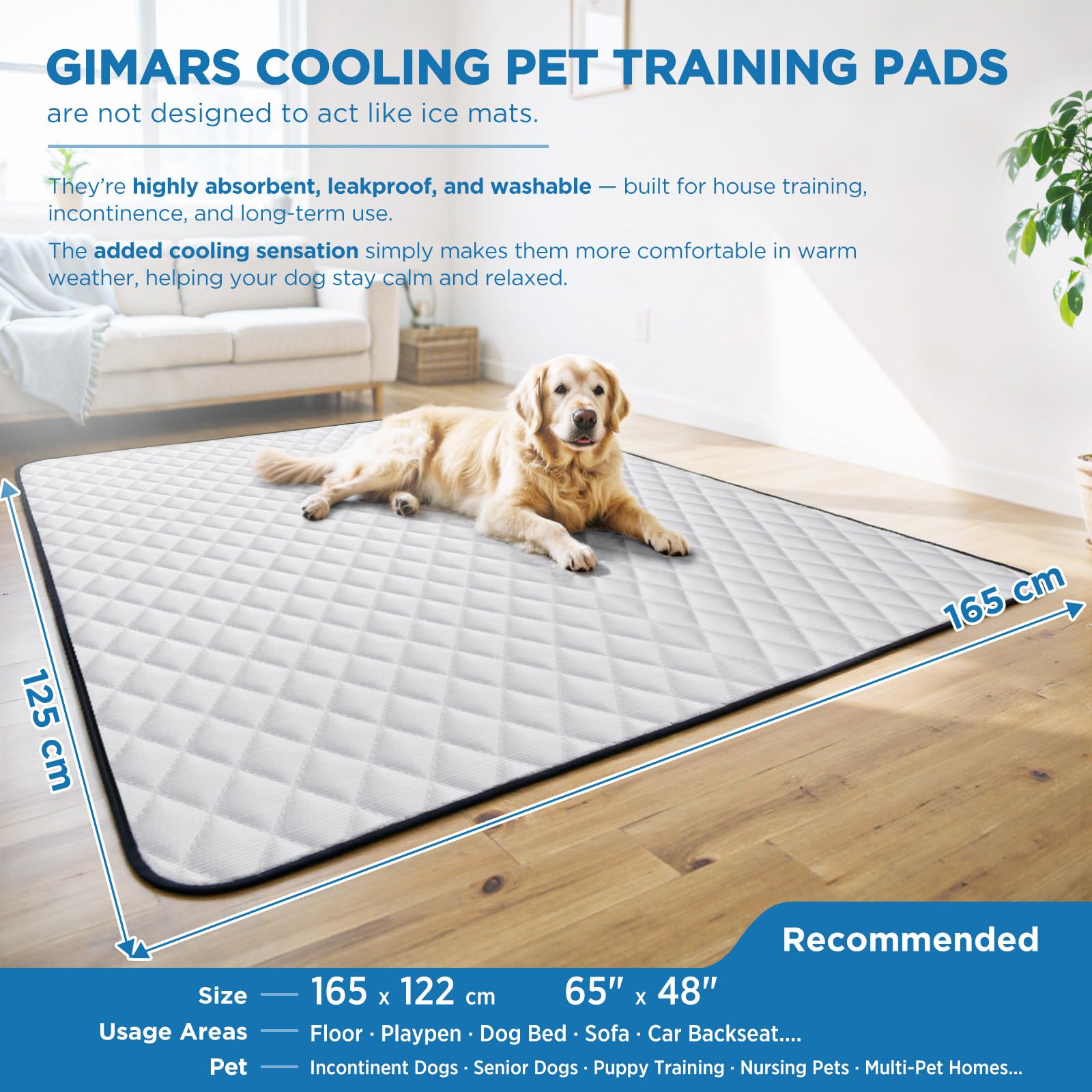Gimars 165×122cm Wielorazowa Mata Treningowa dla Psów, Chłodząca, Duża, Pranie, Super Absorbująca, Wodoodporna, Antypoślizgowa, dla Starszych Psów i Nietrzymania Moczu