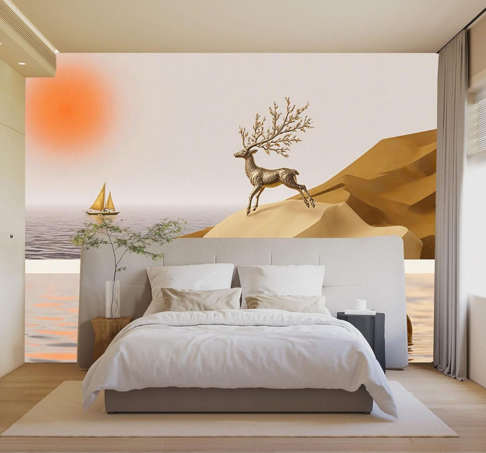 3D Papel Pintado Abstracto Ciervo Dorado Velero Atardecer Mar