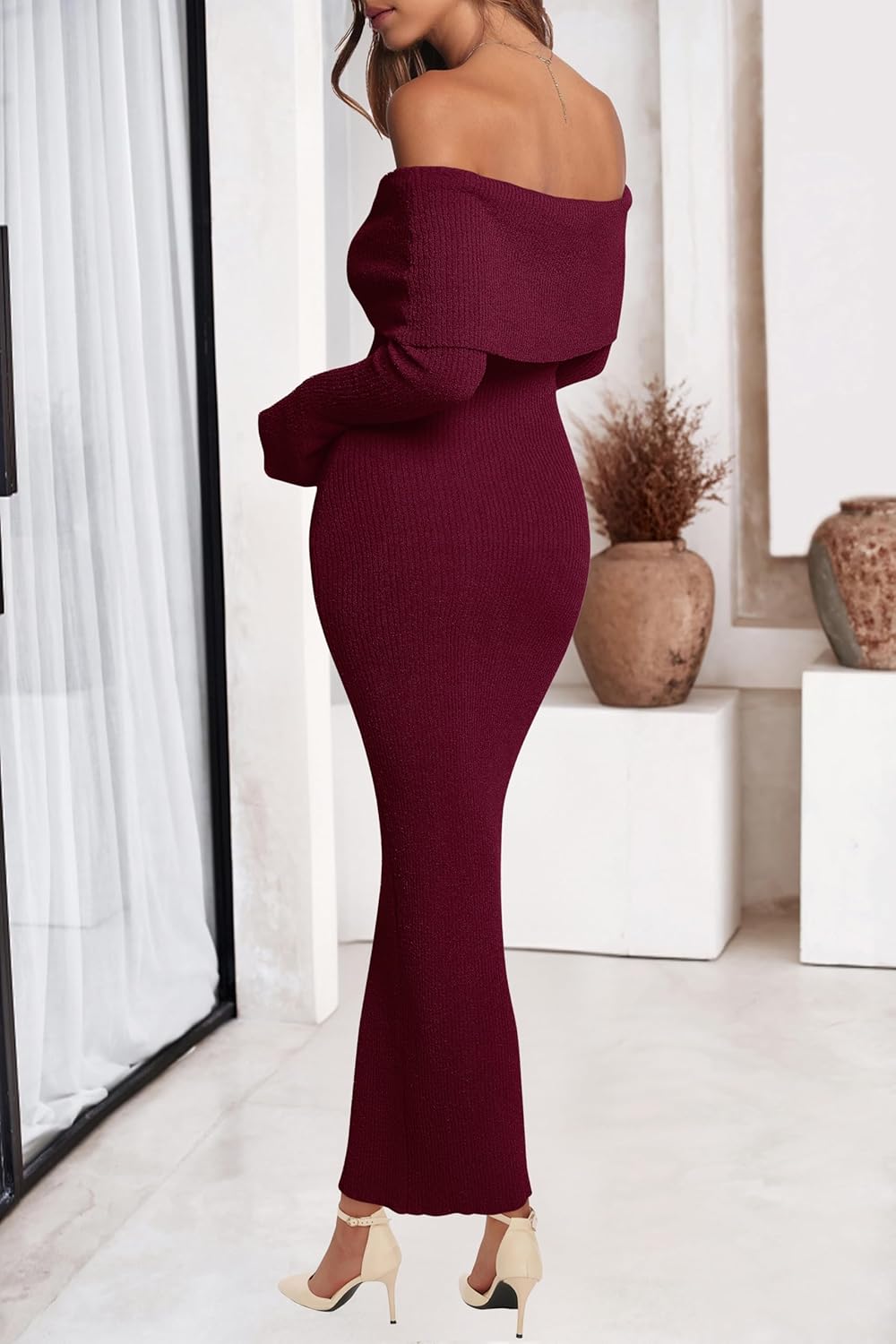 dowerme Women's Off The Shoulder Sweater Dress 2026 Formal Long Sleeve Bodycon Maxi Wedding Guest Dresses Spring Outfits - Image 3