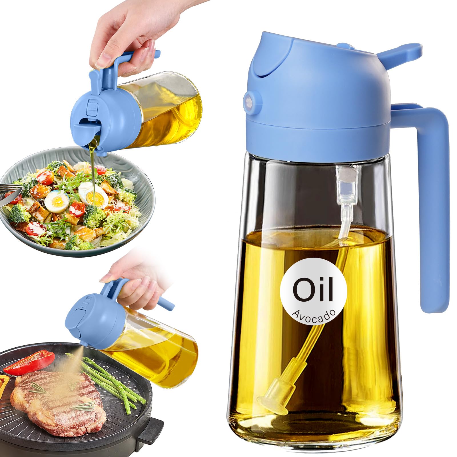 YARRAMATE 2-in-1 Olive Oil Sprayer Glass Bottle Dispenser, 16oz/470ml Capacity, Premium Nozzle for Cooking, Pour and Spray, Kitchen, Air Fryer, BBQ (Sky Blue) โ image 1