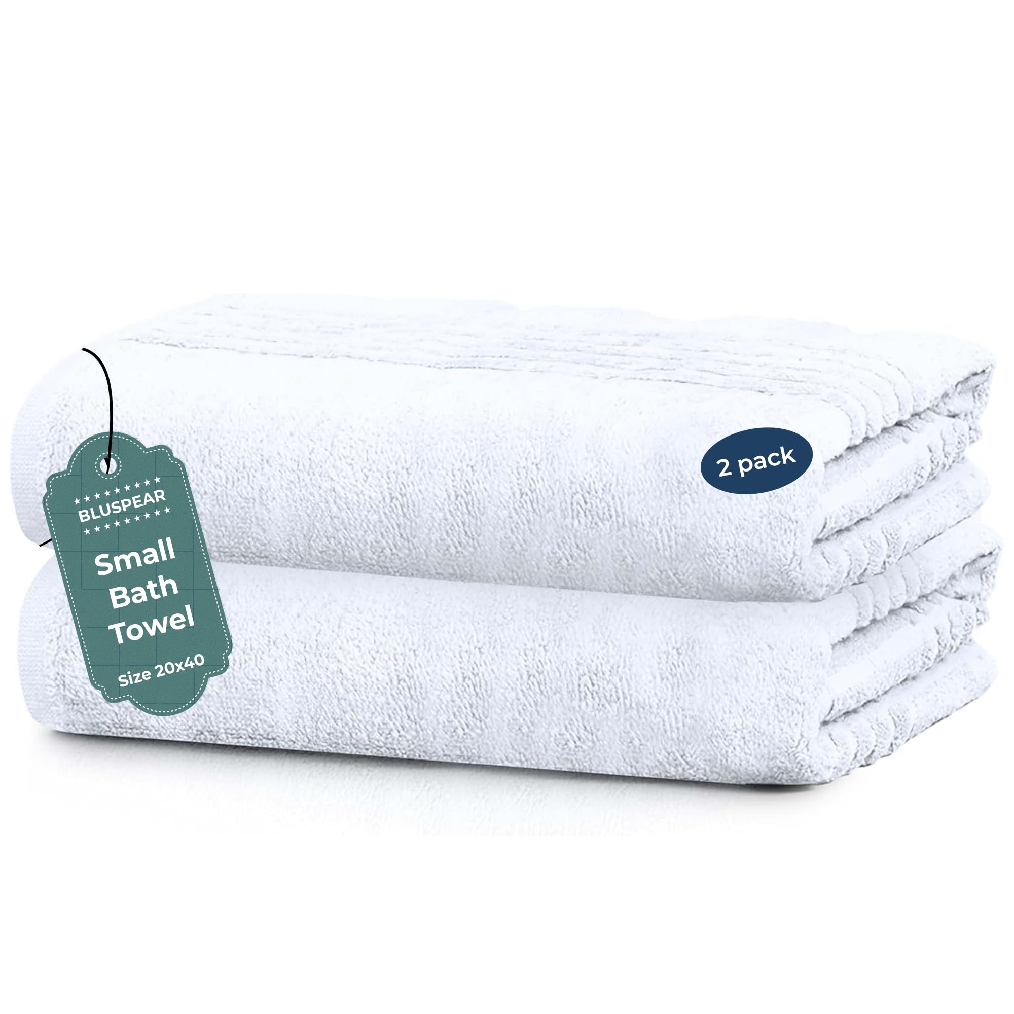 BLUSPEAR Cotton Small White Bath Towels Bulk 20 x 40 |2 Pack Economy Multipurpose Cheap Towels for Hotel, Sauna, Pool, Gym, Spa | Highly Absorbent & Quick Drying Hotel Towel for Bathroom.