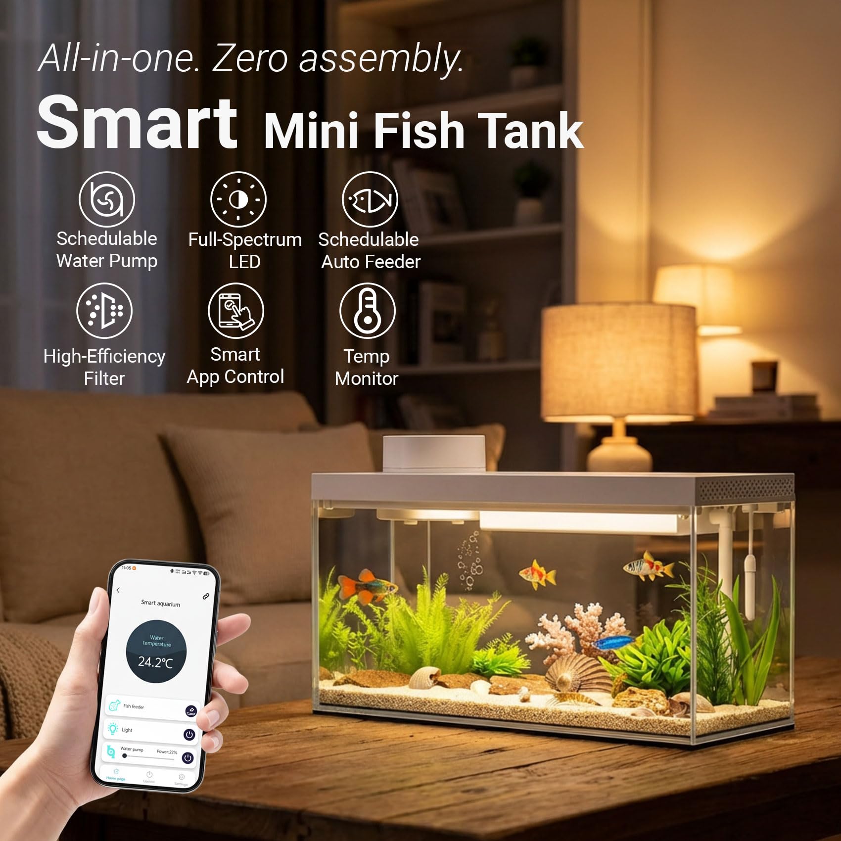 Smart Desktop Aquarium Kit mit App-Steuerung – 1,3 Liter Glas-Fischbecken mit automatischem Futterspender, RGB-Beleuchtung und Temperaturüberwachung – selbstreinigendes Filtersystem für Betta, Guppy
